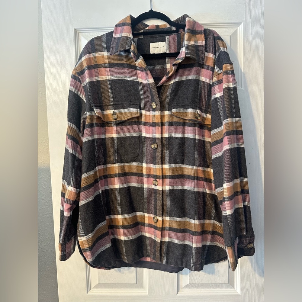 American Eagle Outfitters Plaid Shacket in Mustard, Pink & Gray